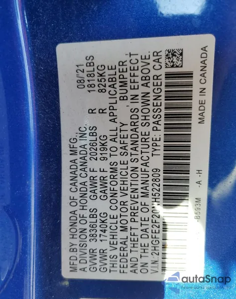 2022 Honda Civic Lx z USA, uszkodzony, nr VIN 2HGFE2F20NH522809